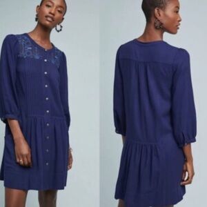 Anthropologie Sz 4 Dubois Embroidered Blue Tunic Dress Button Down Boho Cottage